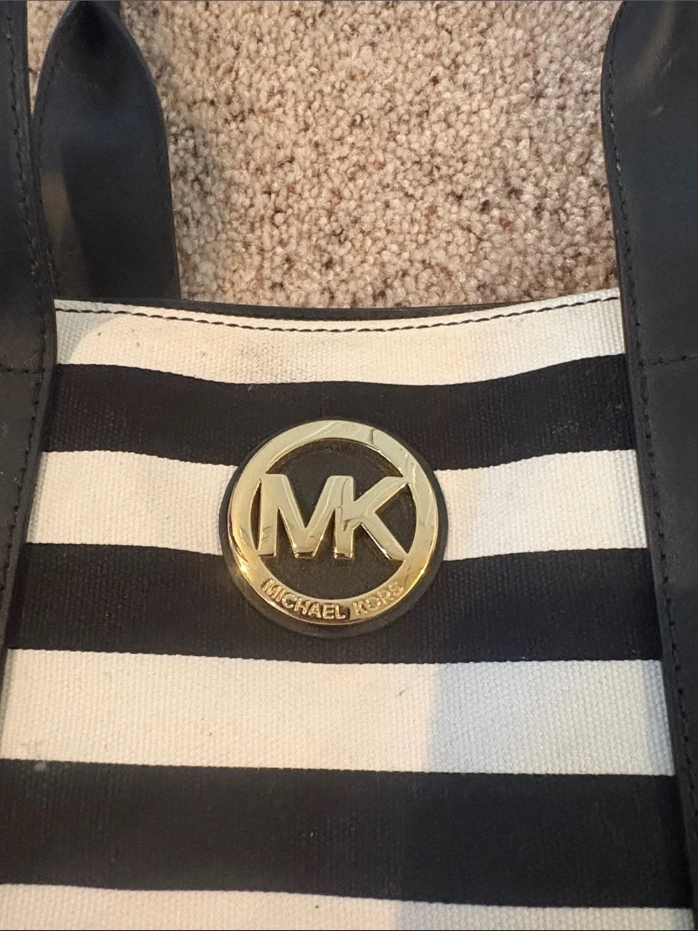 Michael Kors Black and White Striped Canvas Tote with Gold MK Emblem